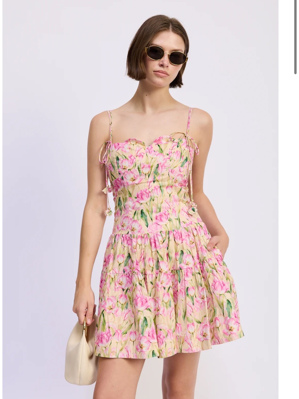 en saison arya pink tulip floral print tie shoulder tiered mini sun dress small